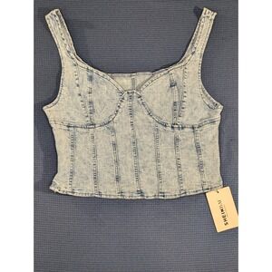 SHEIN BAE Acid Wash Denim Corset Top Light Blue Sweetheart Neck Side Zip Crop